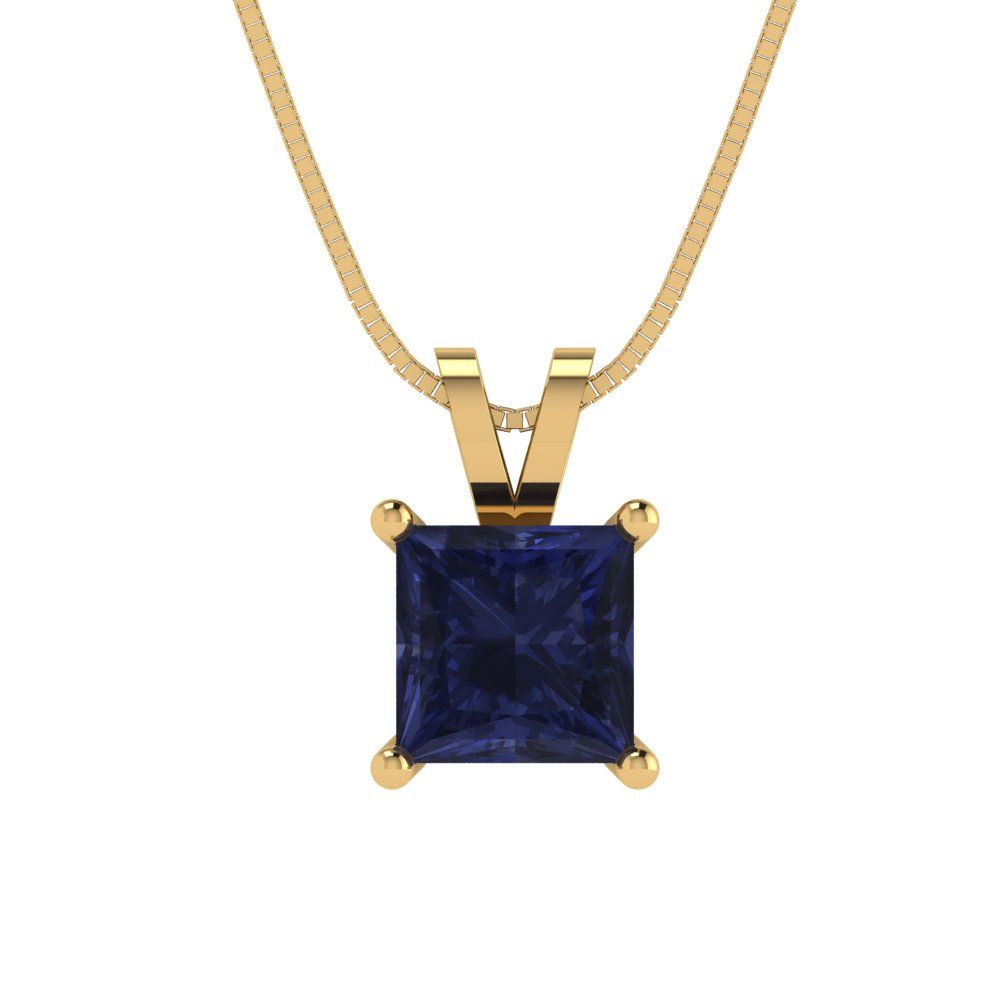 1cttw Princess Cut Blue Sapphire Gold-Plated 925 Silver Pendant and 16" Box-Chain Necklace