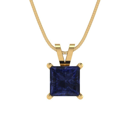 1cttw Princess Cut Blue Sapphire Gold-Plated 925 Silver Pendant and 16" Box-Chain Necklace