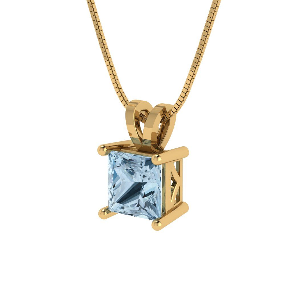 1 tcw Necklace Pendant - 14K White Gold Princess Cut Solitaire  Aquamarine - Adjustable Length - 15in Box Chain to 18in