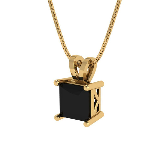 1 ct Brilliant Princess Cut Solitaire Natural Onyx Stone Yellow Gold Pendant with 16" Chain