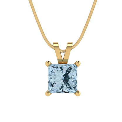 1 tcw Necklace Pendant - 14K White Gold Princess Cut Solitaire  Aquamarine - Adjustable Length - 15in Box Chain to 18in