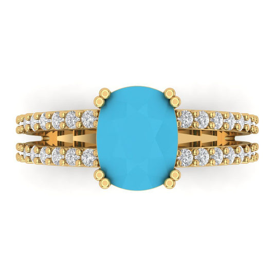3.48 cttw Simulated Turquoise Solitaire with Zirconia Simulated Diamond Accents Engagement Ring - Solid Yellow Gold (VVS1, Long Cushion Cut,9x7mm)