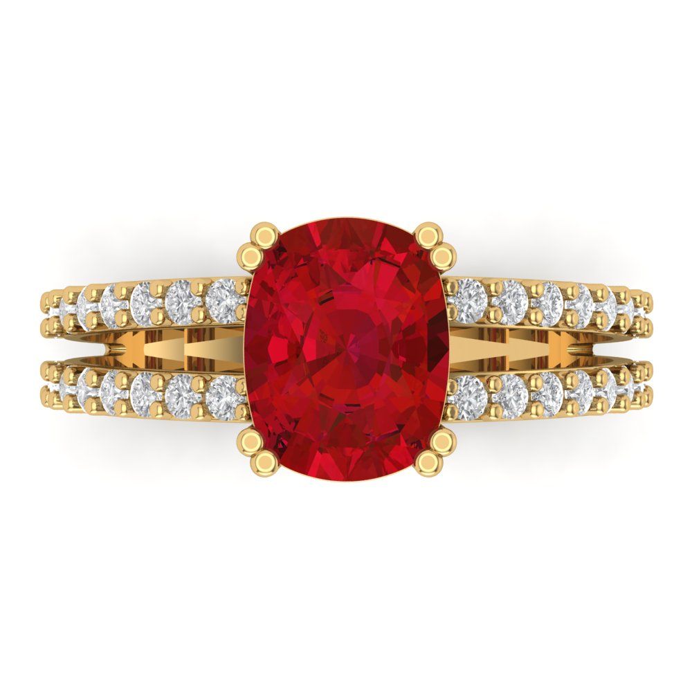 3.48 cttw Simulated Ruby Solitaire with Zirconia Simulated Diamond Accents Engagement Ring - Solid Gold (Long Cushion Cut,9x7mm)