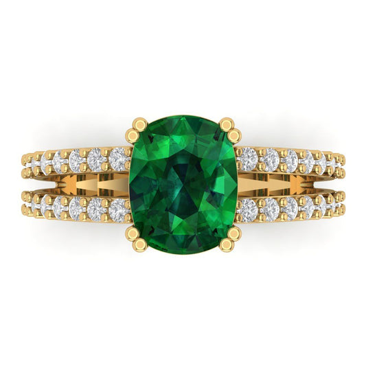 3.48 cttw Simulated Emerald Solitaire with Zirconia Simulated Diamond Accents Engagement Ring - Solid Yellow Gold (VVS1, Long Cushion Cut,9x7mm)