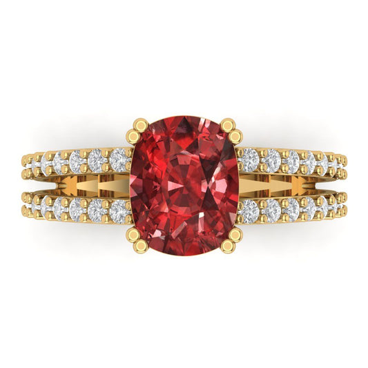 3.48 cttw Natural Garnet Solitaire with Zirconia Simulated Diamond Accents Engagement Ring - Solid Yellow Gold (VVS1, Long Cushion Cut,9x7mm)