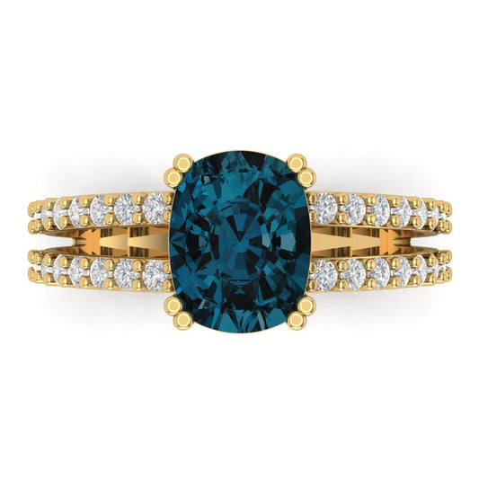 3.48 cttw Natural London Blue Topaz Solitaire with Zirconia Simulated Diamond Accents Engagement Ring - Solid Yellow Gold (VVS1, Long Cushion Cut,9x7mm)