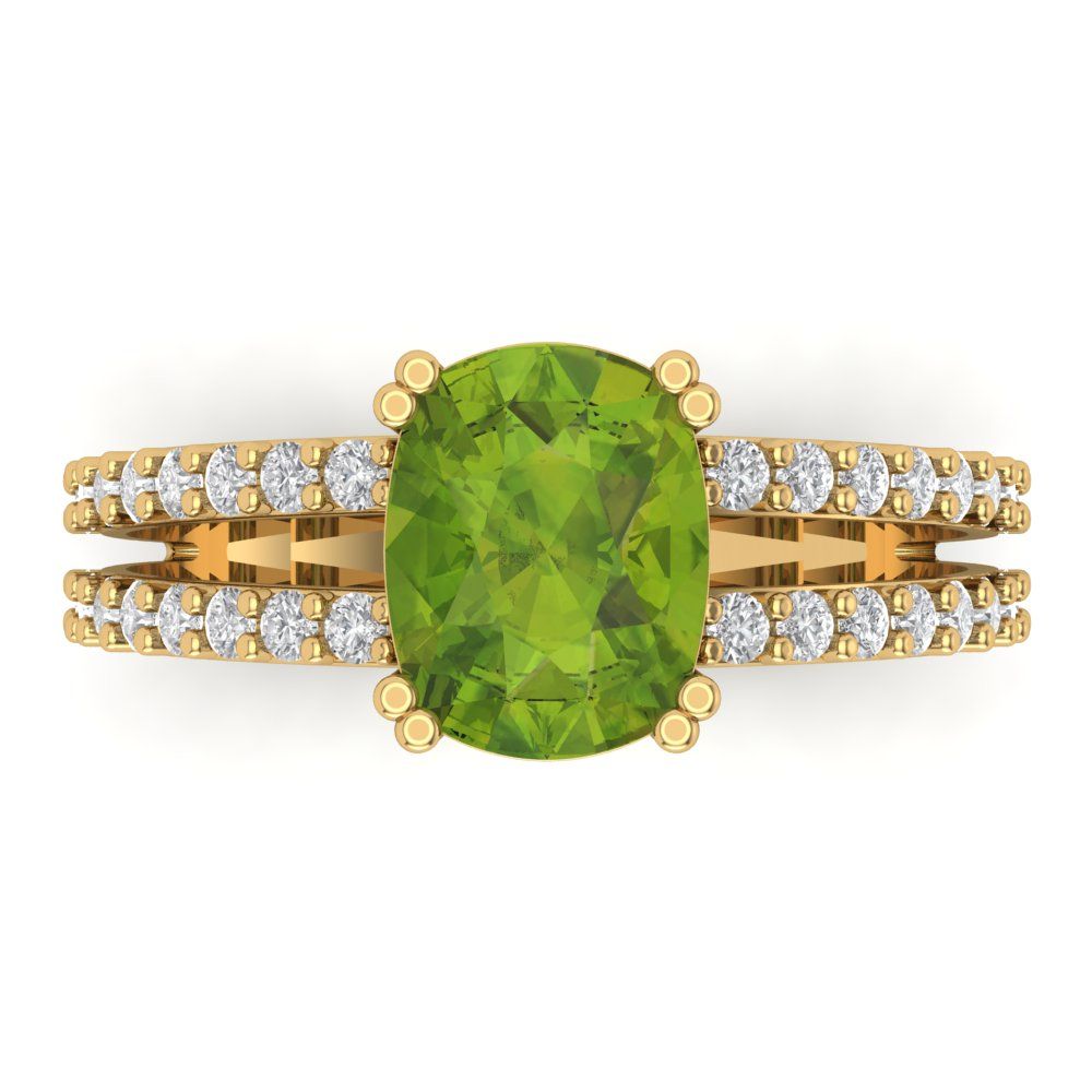 3.48 cttw Natural Peridot Solitaire with Zirconia Simulated Diamond Accents Engagement Ring - Solid Gold (Long Cushion Cut,9x7mm)