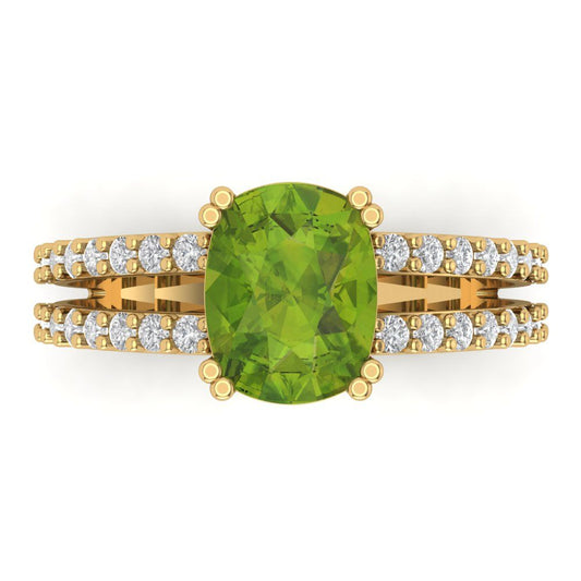 3.48 cttw Natural Peridot Solitaire with Zirconia Simulated Diamond Accents Engagement Ring - Solid Yellow Gold (VVS1, Long Cushion Cut,9x7mm)