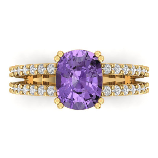 3.48 cttw Simulated Alexandrite Solitaire with Zirconia Simulated Diamond Accents Engagement Ring - Solid Yellow Gold (VVS1, Long Cushion Cut,9x7mm)