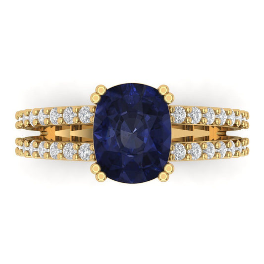 3.48 cttw Simulated Blue Sapphire Solitaire with Zirconia Simulated Diamond Accents Engagement Ring - Solid Yellow Gold (VVS1, Long Cushion Cut,9x7mm)
