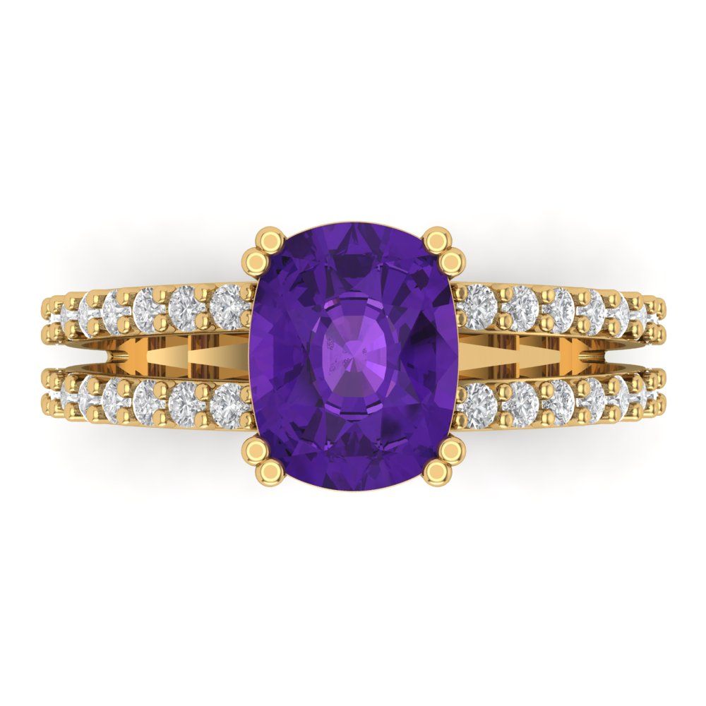 3.48 cttw Natural Amethyst Solitaire with Zirconia Simulated Diamond Accents Engagement Ring - Solid Gold (Long Cushion Cut,9x7mm)