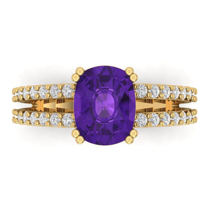3.48 cttw Natural Amethyst Solitaire with Zirconia Simulated Diamond Accents Engagement Ring - Solid Gold (Long Cushion Cut,9x7mm)
