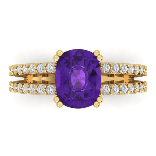 3.48 cttw Natural Amethyst Solitaire with Zirconia Simulated Diamond Accents Engagement Ring - Solid Yellow Gold (VVS1, Long Cushion Cut,9x7mm)