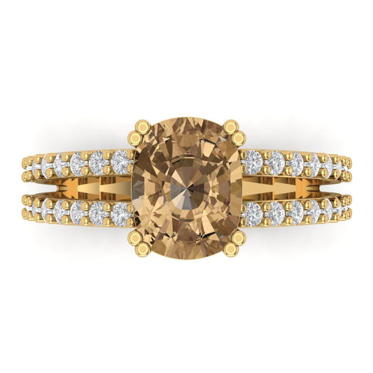 3.48 cttw Zirconia Simulated Champagne Diamond Solitaire with Zirconia Simulated Diamond Accents Engagement Ring - Solid Yellow Gold (VVS1, Long Cushion Cut,9x7mm)