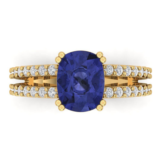 3.48 cttw Simulated Tanzanite Solitaire with Zirconia Simulated Diamond Accents Engagement Ring - Solid Yellow Gold (VVS1, Long Cushion Cut,9x7mm)