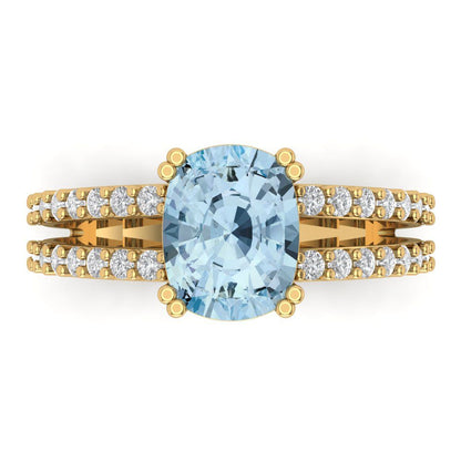 3.48 cttw Natural Sky Blue Topaz Solitaire with Zirconia Simulated Diamond Accents Engagement Ring - Solid Gold (Long Cushion Cut,9x7mm)