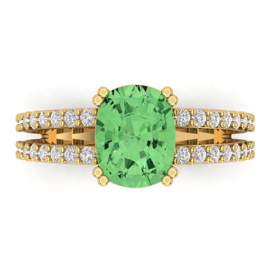 3.48 cttw Zirconia Simulated Green Diamond Solitaire with Zirconia Simulated Diamond Accents Engagement Ring - Solid Yellow Gold (VVS1, Long Cushion Cut,9x7mm)