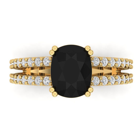 3.48 cttw Natural Onyx Solitaire with Zirconia Simulated Diamond Accents Engagement Ring - Solid Yellow Gold (VVS1, Long Cushion Cut,9x7mm)