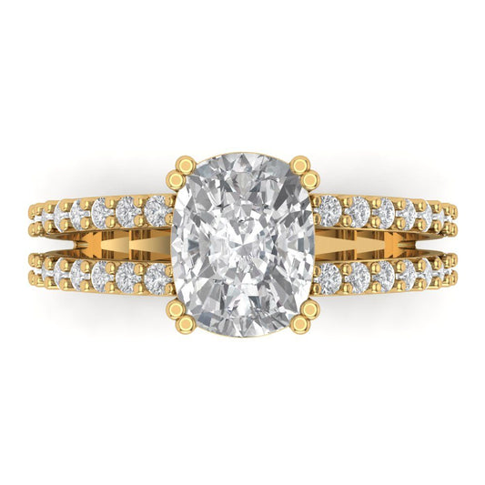 3.48 cttw Moissanite Solitaire with Zirconia Simulated Diamond Accents Engagement Ring - Solid Yellow Gold (VVS1, Long Cushion Cut,9x7mm)