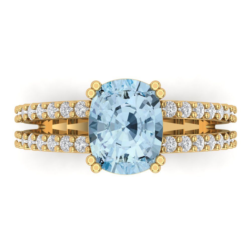 3.48 cttw Natural Aquamarine Solitaire with Zirconia Simulated Diamond Accents Engagement Ring - Solid Gold (Long Cushion Cut,9x7mm)