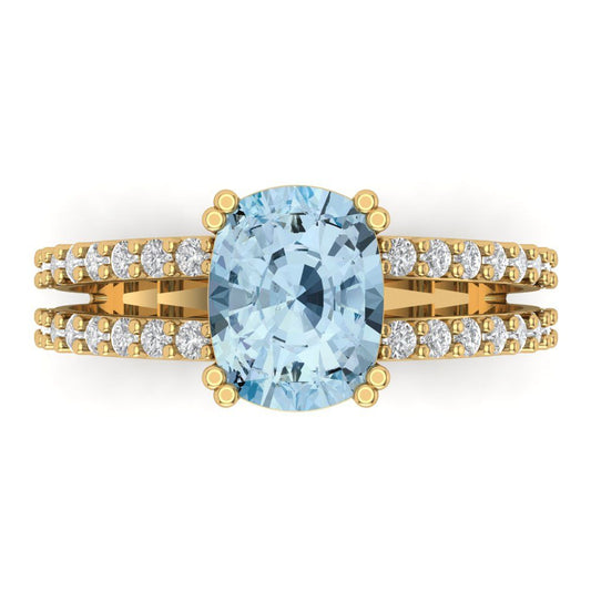 3.48 cttw Natural Aquamarine Solitaire with Zirconia Simulated Diamond Accents Engagement Ring - Solid Yellow Gold (VVS1, Long Cushion Cut,9x7mm)
