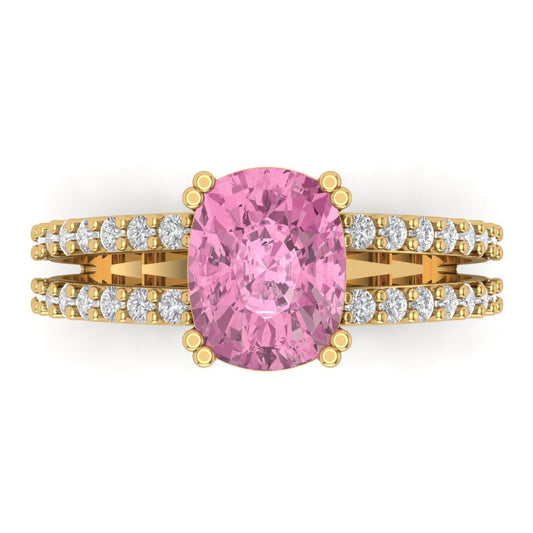 3.48 cttw Zirconia Simulated Pink Diamond Solitaire with Zirconia Simulated Diamond Accents Engagement Ring - Solid Yellow Gold (VVS1, Long Cushion Cut,9x7mm)