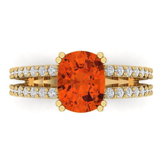 3.48 cttw Zirconia Simulated Red Diamond Solitaire with Zirconia Simulated Diamond Accents Engagement Ring - Solid Yellow Gold (VVS1, Long Cushion Cut,9x7mm)