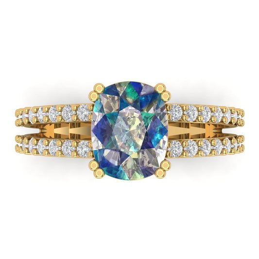 3.48 cttw Blue Moissanite Solitaire with Zirconia Simulated Diamond Accents Engagement Ring - Solid Yellow Gold (VVS1, Long Cushion Cut,9x7mm)