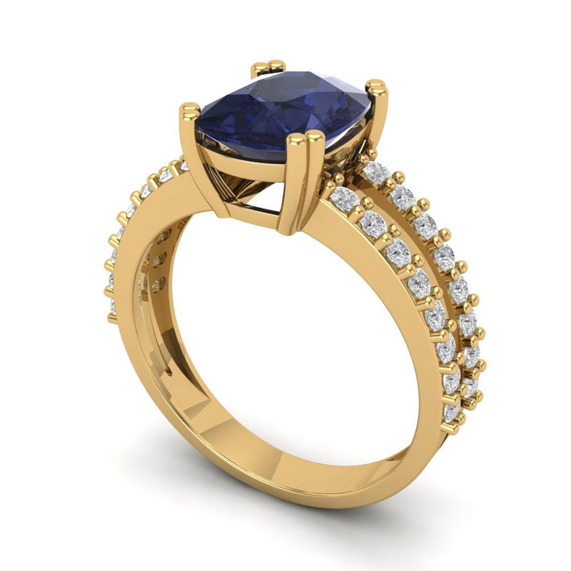 3.96 ct Brilliant Cushion Cut Simulated Blue Sapphire Stone Yellow Gold Solitaire with Accents Ring