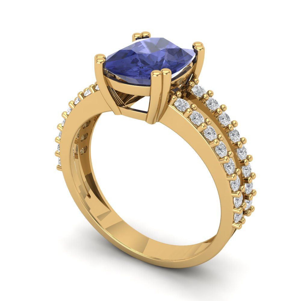3.48 cttw Simulated Tanzanite Solitaire with Zirconia Simulated Diamond Accents Engagement Ring - Solid Gold (Long Cushion Cut,9x7mm)