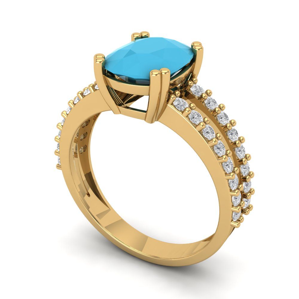 3.48 cttw Simulated Turquoise Solitaire with Zirconia Simulated Diamond Accents Engagement Ring - Solid Gold (Long Cushion Cut,9x7mm)