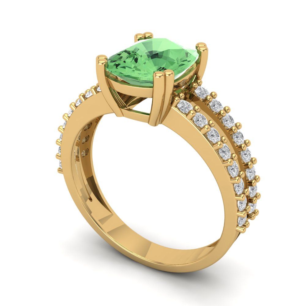 3.48 cttw Zirconia Simulated Green Diamond Solitaire with Zirconia Simulated Diamond Accents Engagement Ring - Solid Gold (VVS1, Long Cushion Cut,9x7mm)