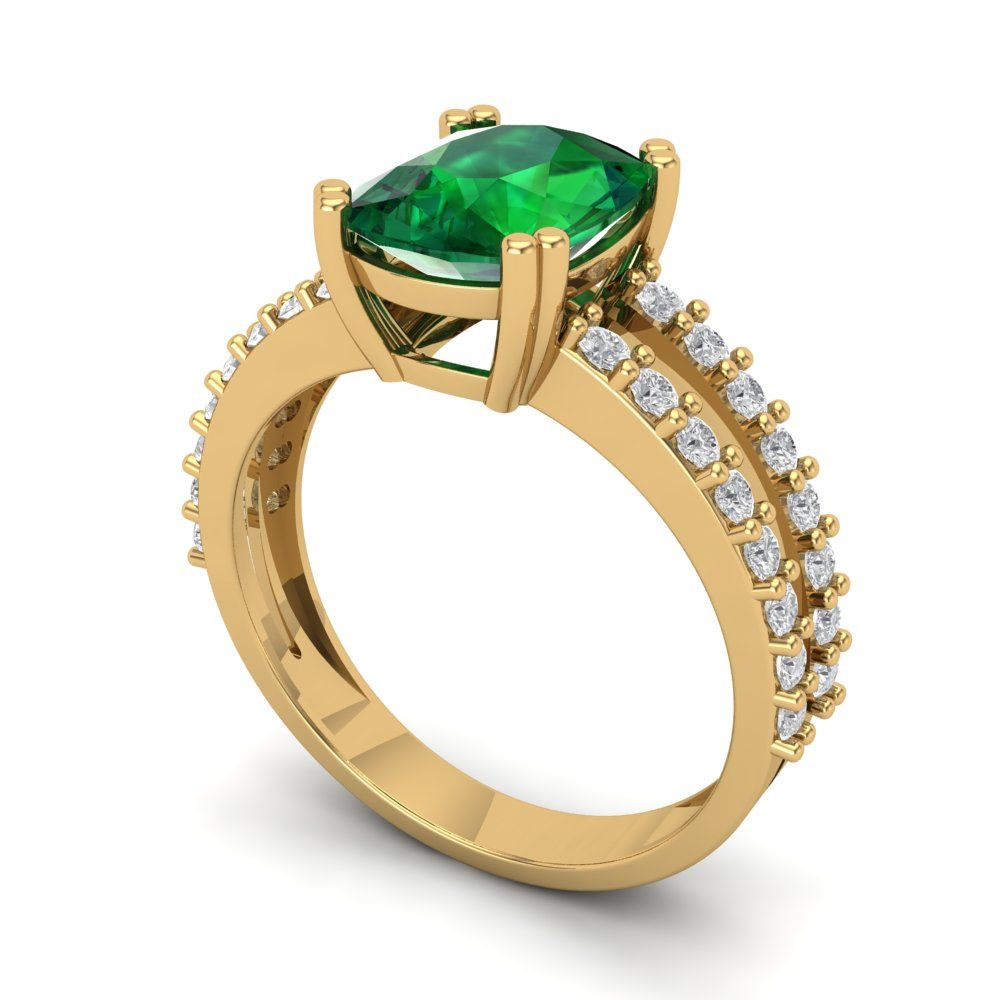 3.48 cttw Simulated Emerald Solitaire with Zirconia Simulated Diamond Accents Engagement Ring - Solid Gold (Long Cushion Cut,9x7mm)