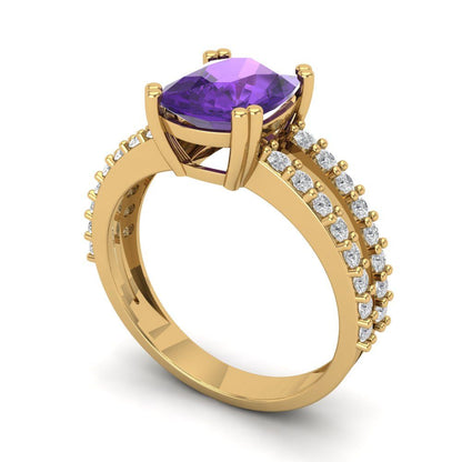 3.48 cttw Natural Amethyst Solitaire with Zirconia Simulated Diamond Accents Engagement Ring - Solid Gold (Long Cushion Cut,9x7mm)