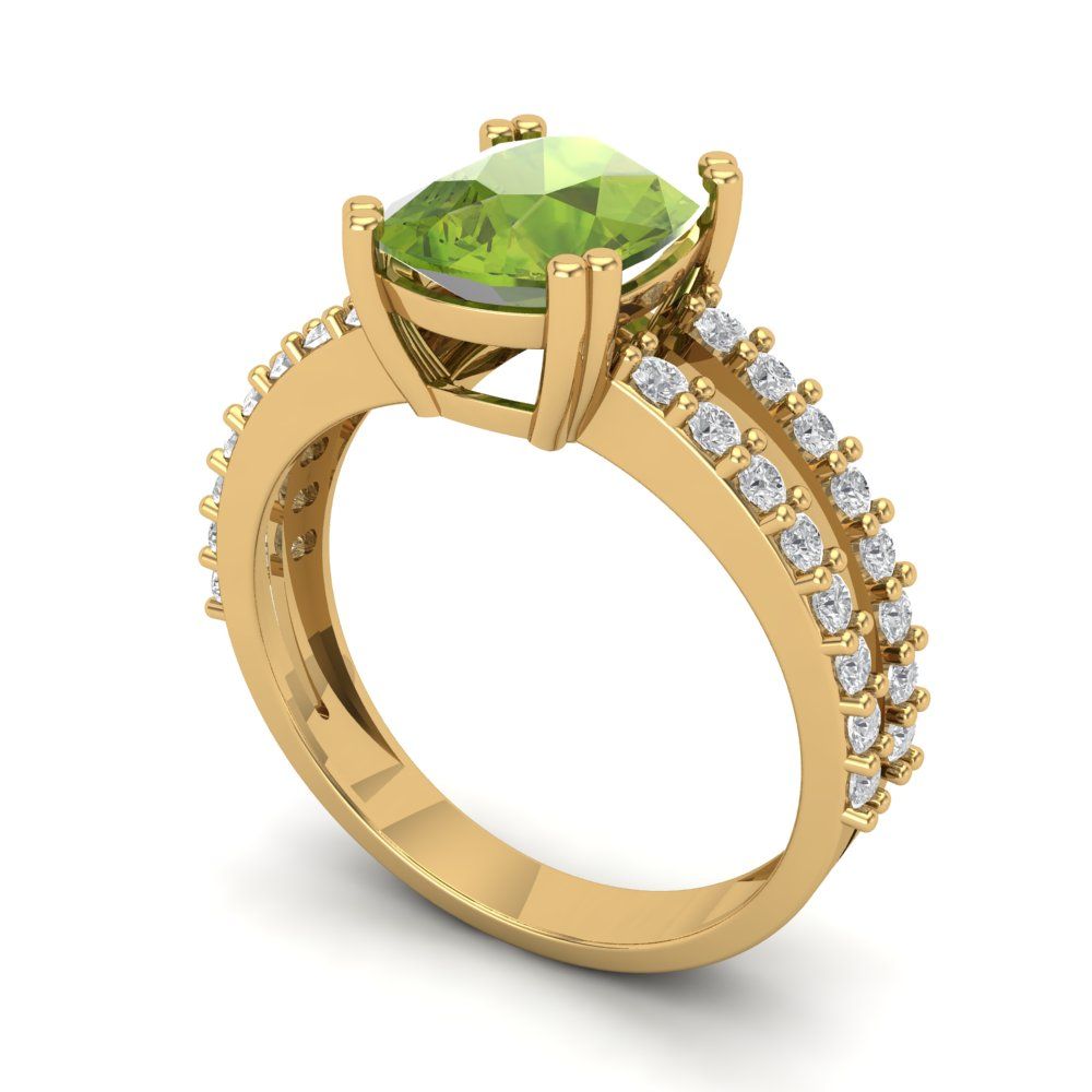3.48 cttw Natural Peridot Solitaire with Zirconia Simulated Diamond Accents Engagement Ring - Solid Gold (Long Cushion Cut,9x7mm)