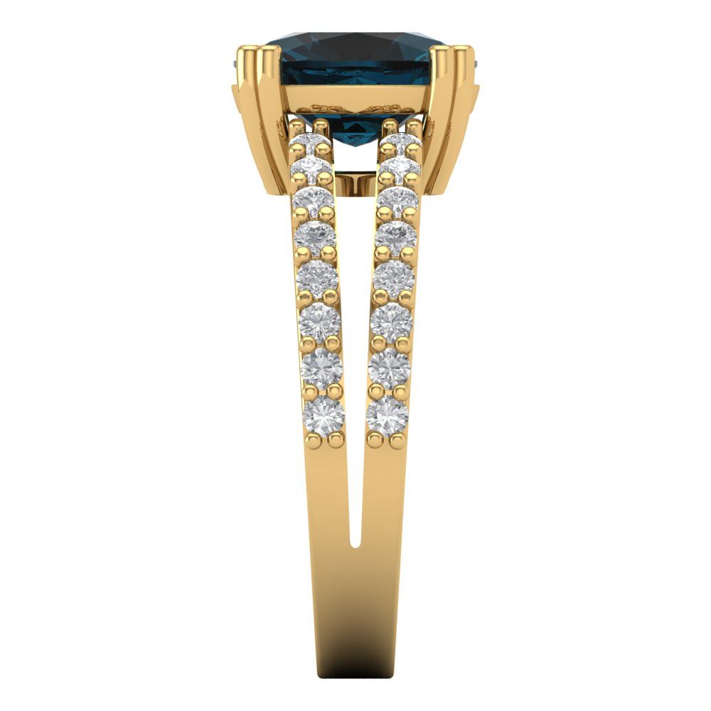 3.48 cttw Natural London Blue Topaz Solitaire with Zirconia Simulated Diamond Accents Engagement Ring - Solid Gold (Long Cushion Cut,9x7mm)