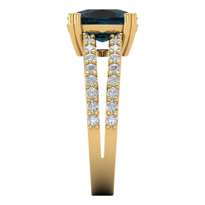 3.48 cttw Natural London Blue Topaz Solitaire with Zirconia Simulated Diamond Accents Engagement Ring - Solid Gold (Long Cushion Cut,9x7mm)