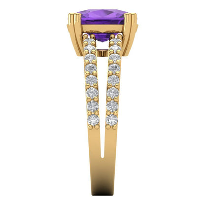 3.48 cttw Natural Amethyst Solitaire with Zirconia Simulated Diamond Accents Engagement Ring - Solid Gold (Long Cushion Cut,9x7mm)