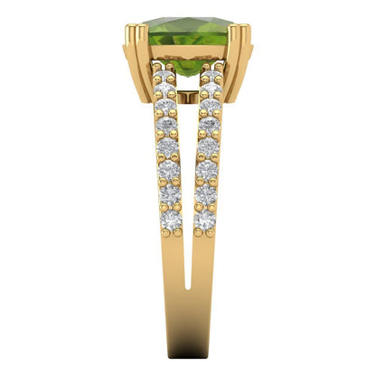 3.48 cttw Natural Peridot Solitaire with Zirconia Simulated Diamond Accents Engagement Ring - Solid Gold (Long Cushion Cut,9x7mm)