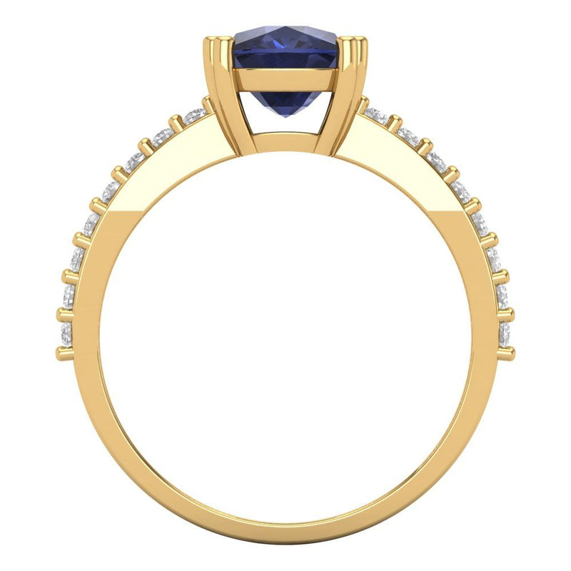 3.96 ct Brilliant Cushion Cut Simulated Blue Sapphire Stone Yellow Gold Solitaire with Accents Ring