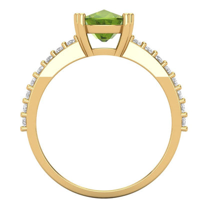 3.48 cttw Natural Peridot Solitaire with Zirconia Simulated Diamond Accents Engagement Ring - Solid Gold (Long Cushion Cut,9x7mm)