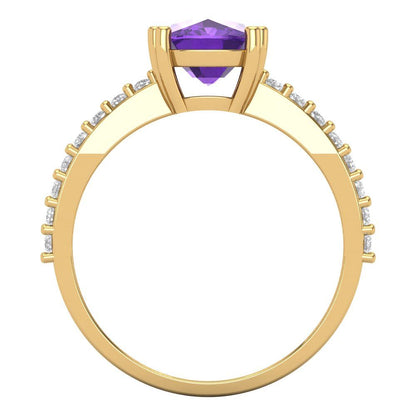 3.48 cttw Natural Amethyst Solitaire with Zirconia Simulated Diamond Accents Engagement Ring - Solid Gold (Long Cushion Cut,9x7mm)