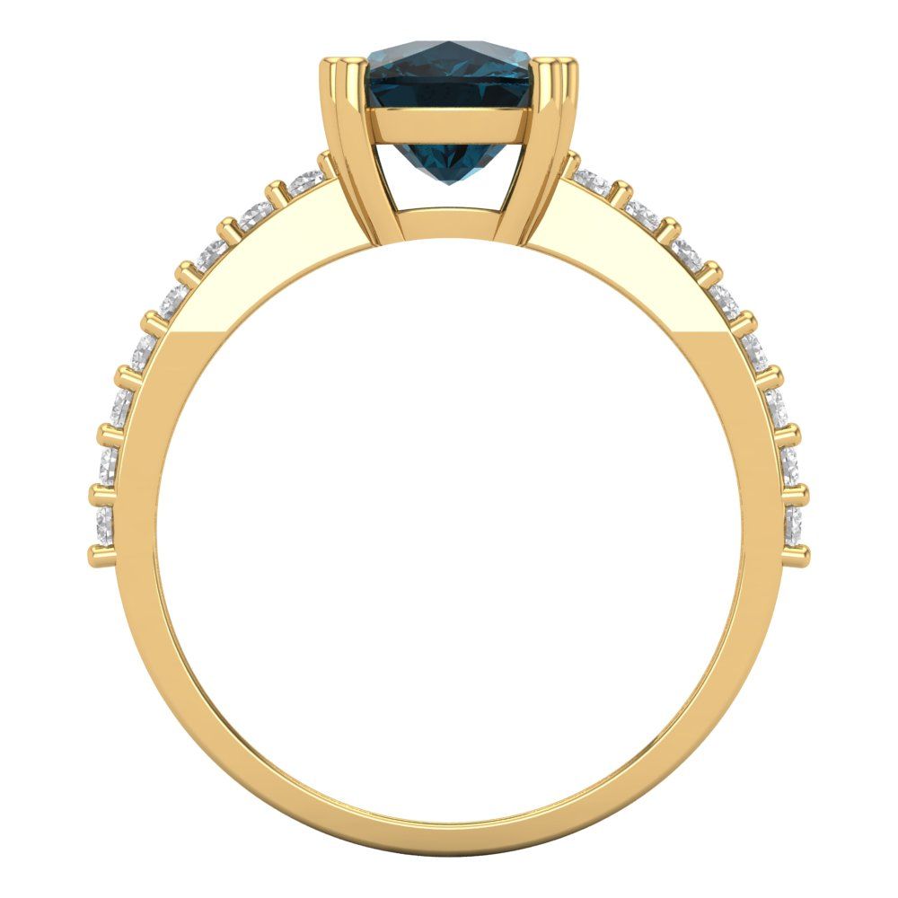 3.48 cttw Natural London Blue Topaz Solitaire with Zirconia Simulated Diamond Accents Engagement Ring - Solid Gold (Long Cushion Cut,9x7mm)