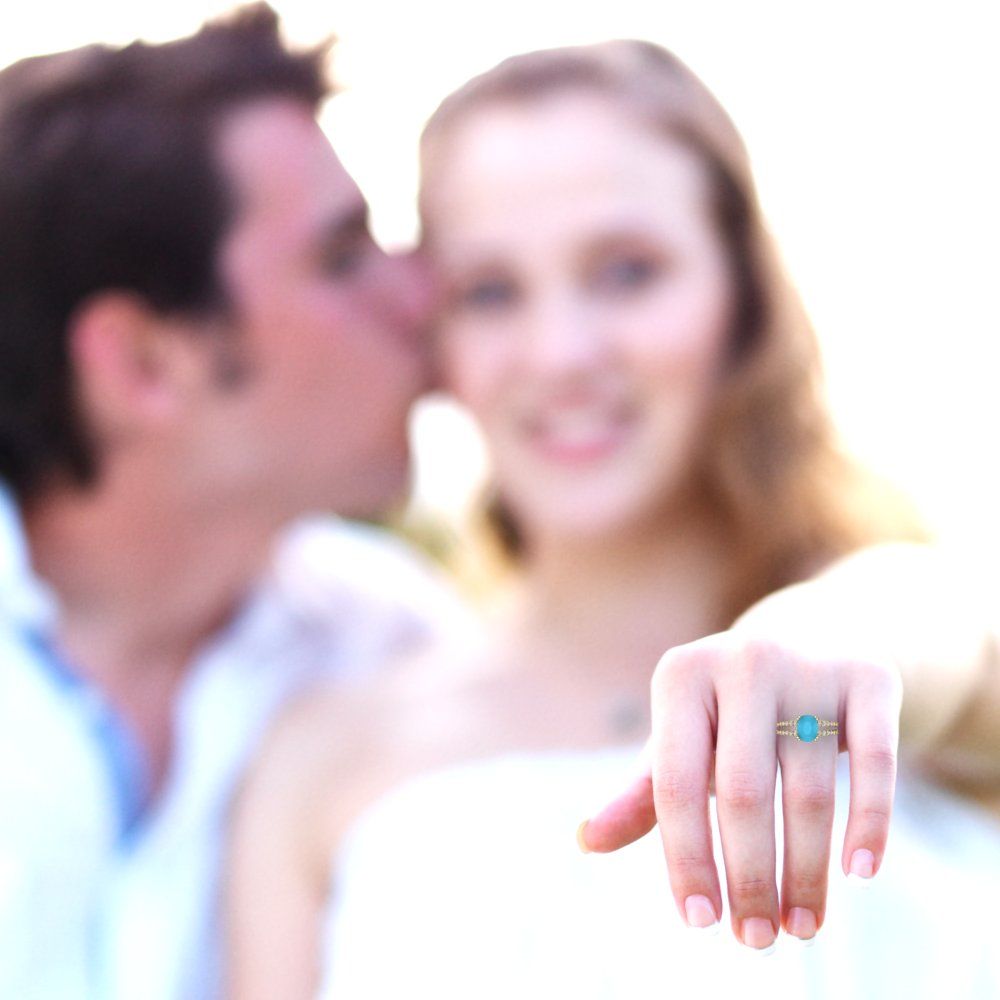 3.48 cttw Simulated Turquoise Solitaire with Zirconia Simulated Diamond Accents Engagement Ring - Solid Gold (Long Cushion Cut,9x7mm)