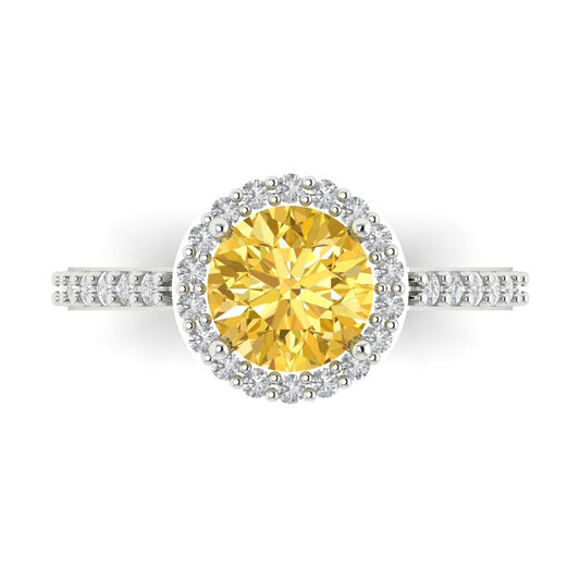 1.86 cttw Zirconia Simulated Yellow Diamond Hidden Halo Engagement Ring - Solid White Gold (VVS1, Round Cut,7.5mm)