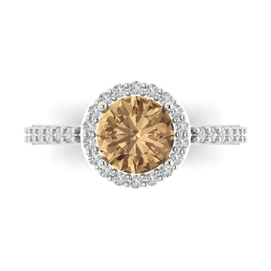1.86 cttw Zirconia Simulated Champagne Diamond Hidden Halo Engagement Ring - Solid White Gold (VVS1, Round Cut,7.5mm)