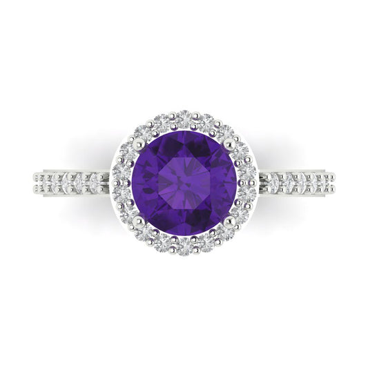 1.86 cttw Natural Amethyst Hidden Halo Engagement Ring - Solid White Gold (VVS1, Round Cut,7.5mm)
