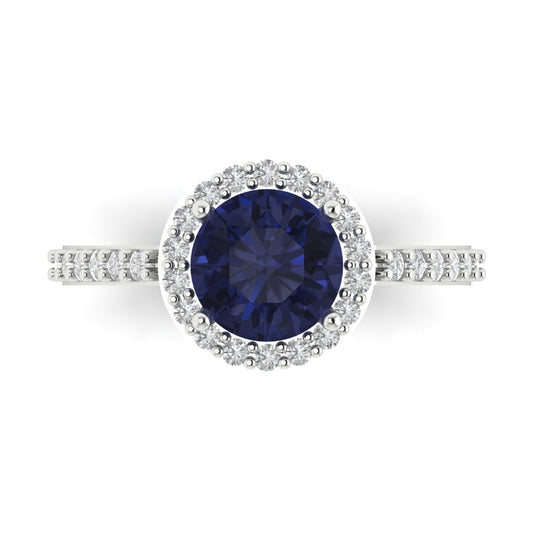 1.86 cttw Simulated Blue Sapphire Hidden Halo Engagement Ring - Solid White Gold (VVS1, Round Cut,7.5mm)