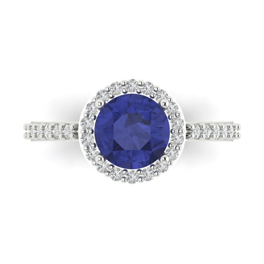 1.86 cttw Simulated Tanzanite Hidden Halo Engagement Ring - Solid White Gold (VVS1, Round Cut,7.5mm)