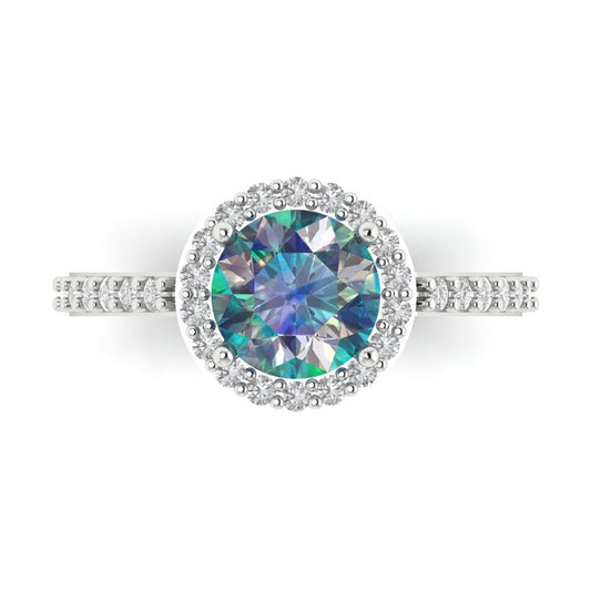 1.86 cttw Blue Moissanite Hidden Halo Engagement Ring - Solid White Gold (VVS1, Round Cut,7.5mm)